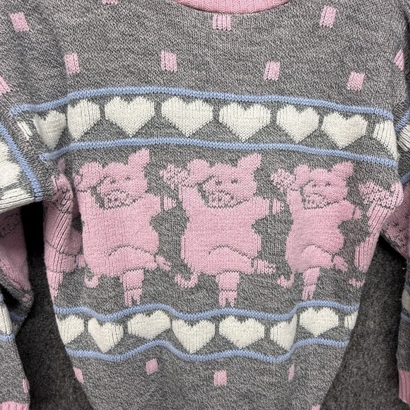 Vintage 80s Sweater Dancing Pig Hearts Fairy Kei Harajuku All Over Print‎ Size M - Picture 7 of 10